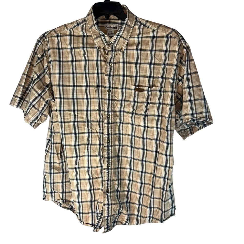 Carhartt Mens 2XL Plaid Button Up Short Sleeve Shirt Beige Blue Cotton - Picture 4 of 11